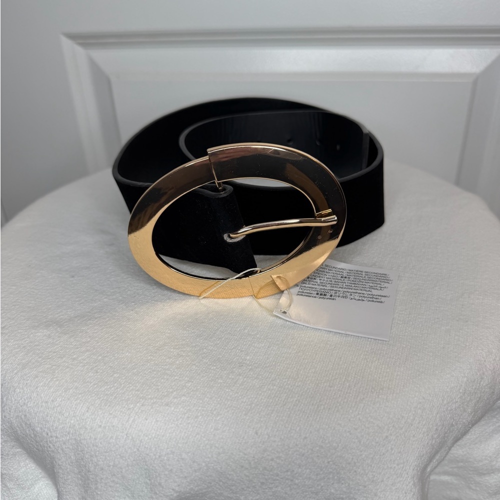 ZARA Black Suede Waist Belt Gold Oval Buckle Wide‎ Statement Belt - Picture 2 of 11